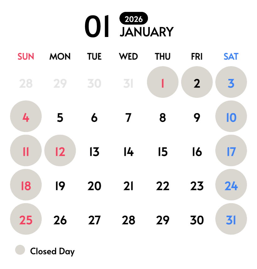 Open Days in January　2026年1月の営業日はこちら