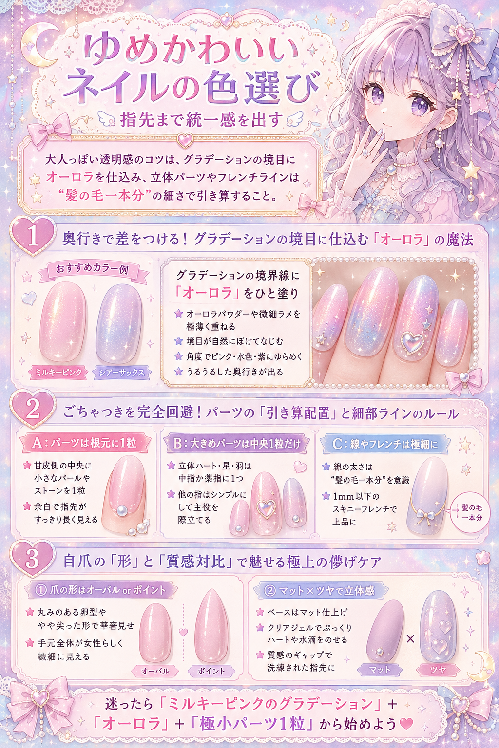 ゆめかわいいネイルの色選び|指先まで統一感を出す