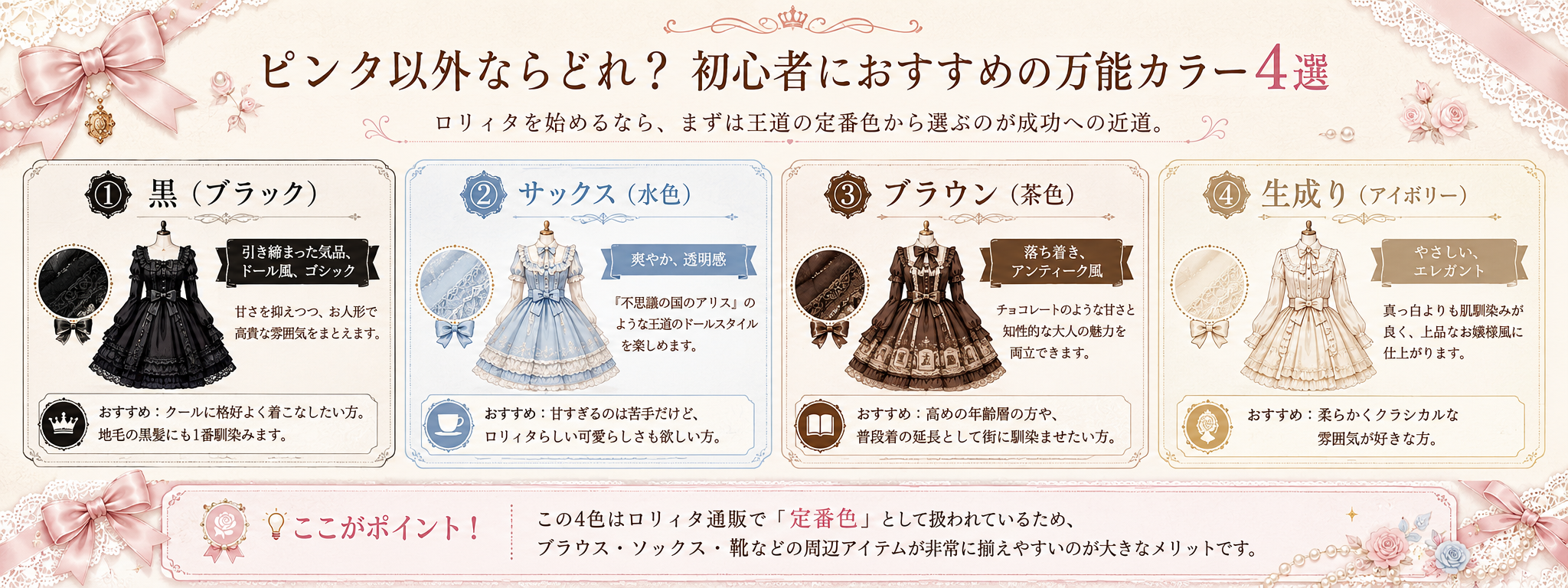 ロリィタ服の色選び|ピンク以外から始める初心者おすすめの万能カラー4選