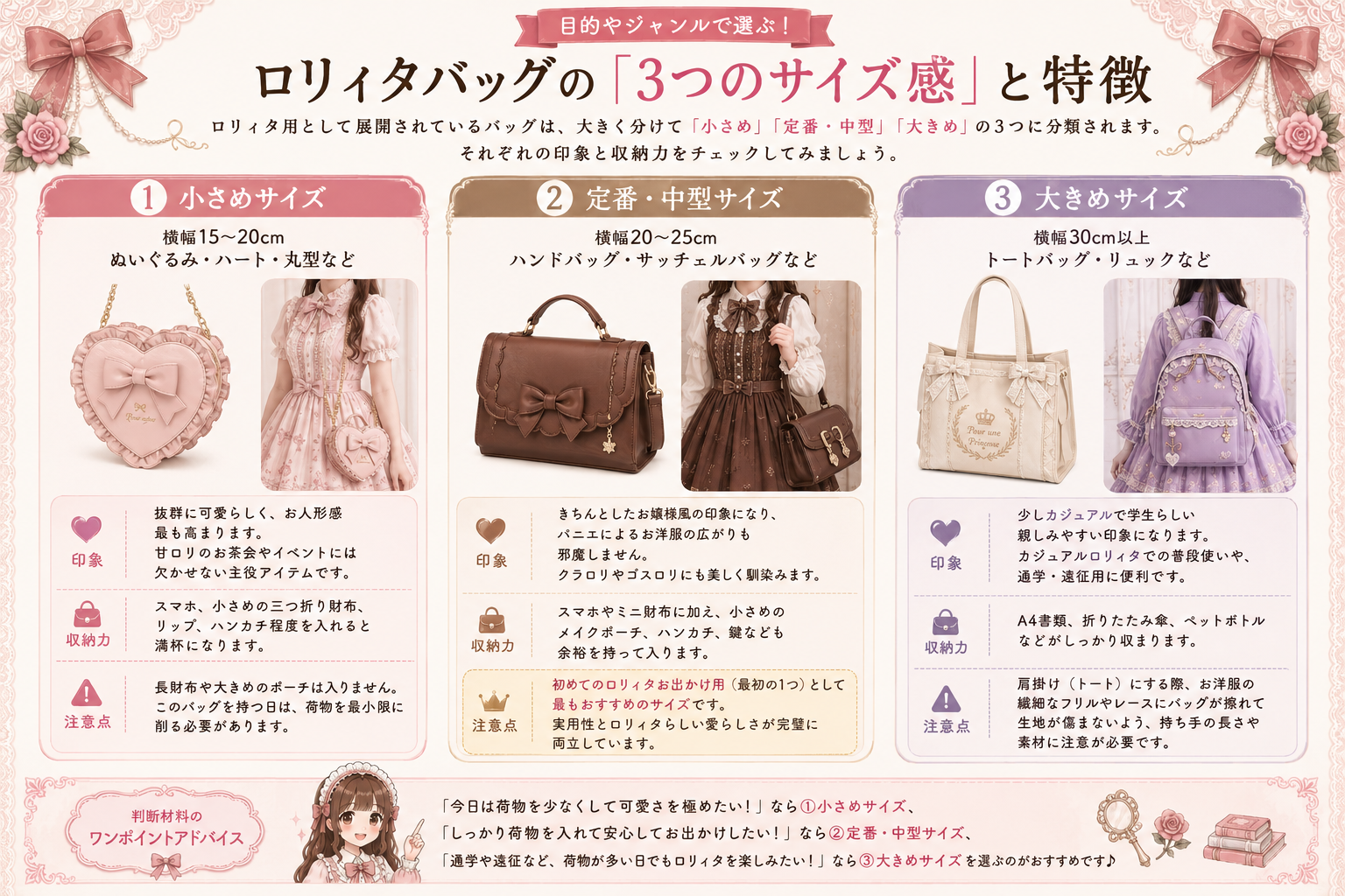 ロリィタのバッグはどれくらいの大きさが使いやすい?お洋服に映えるサイズの選び方