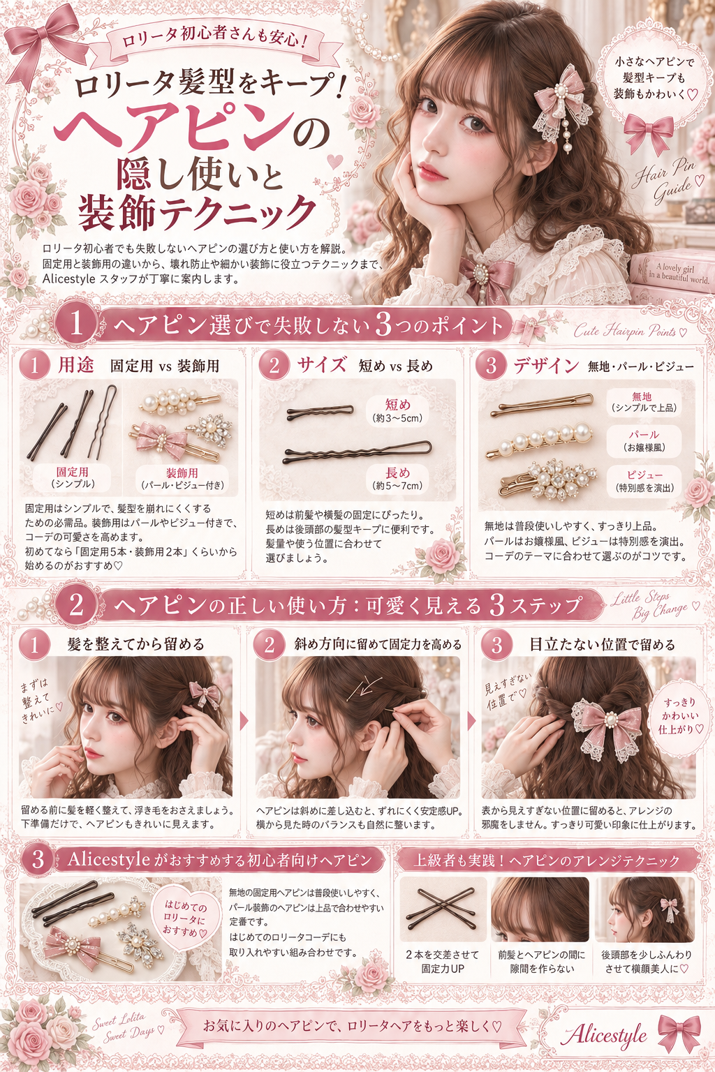 ロリータ髪型をキープ!ヘアピンの隠し使いと装飾テクニック【No.6】