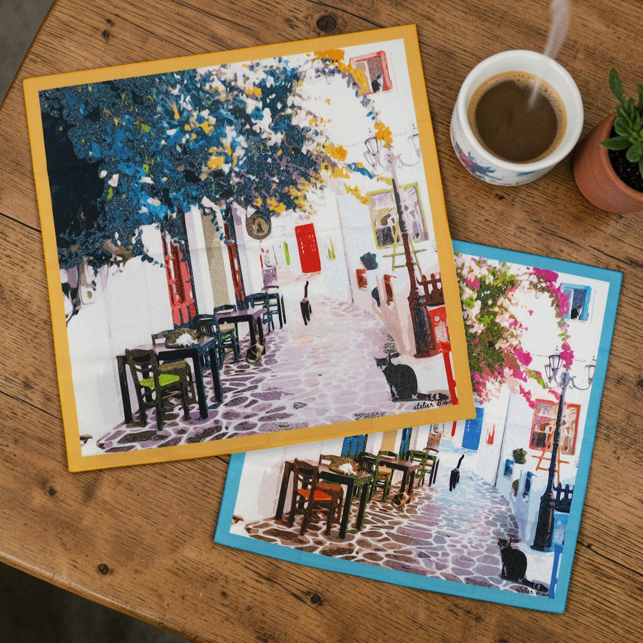 こんな素敵な猫の街を歩いてみたい♪　atelier boboのハンカチ ねこのいる街