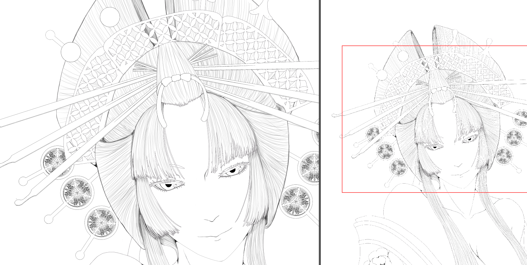 花魁(現代アレンジ)の制作過程、線画。