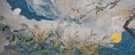 日月秋草流景図