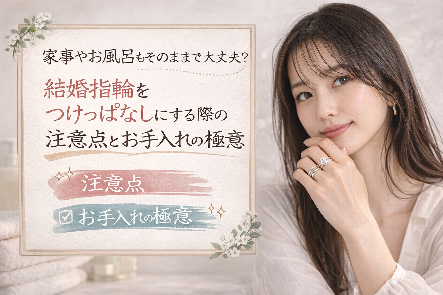 家事やお風呂もそのままで大丈夫？結婚指輪をつけっぱなしにする際の注意点とお手入れの極意