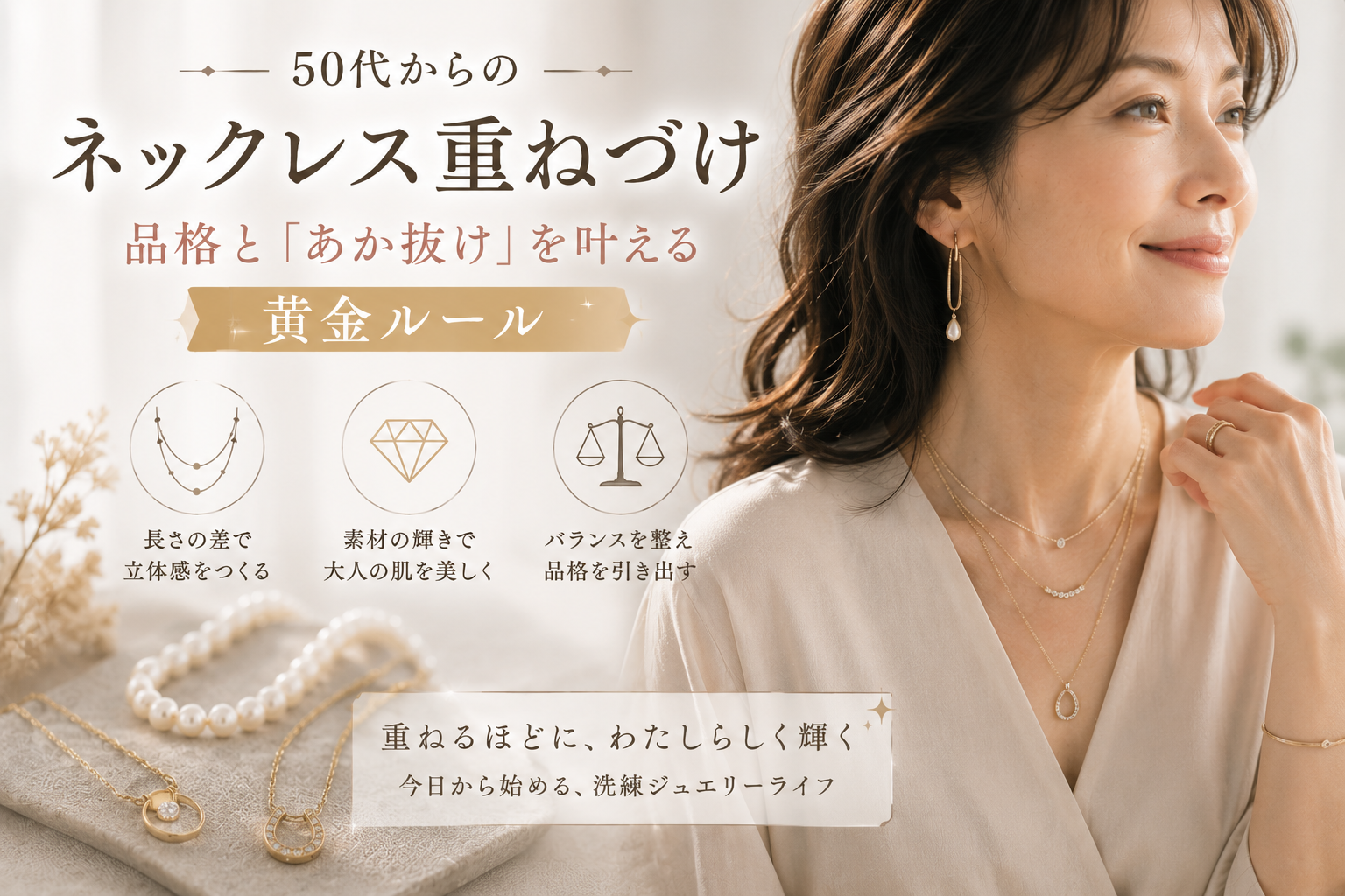 50代からのネックレス重ねづけ:大人ならではの品格と「あか抜け」を叶える黄金ルール