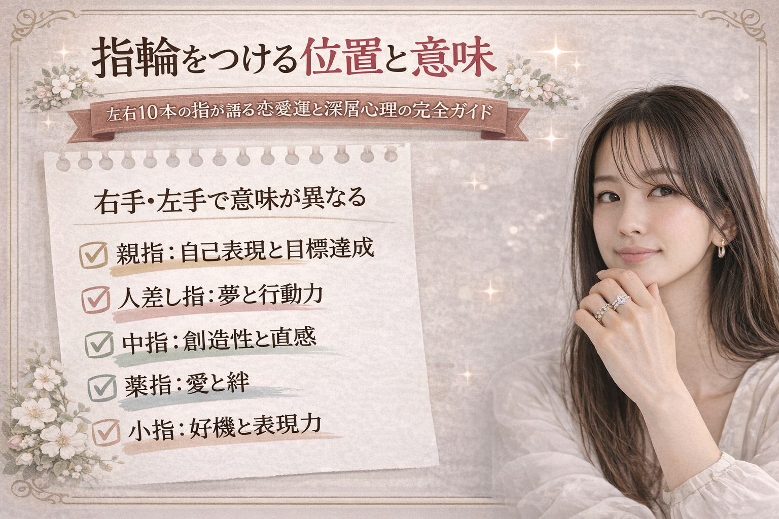 『指輪をつける位置と意味』左右10本の指が語る恋愛運と深層心理の完全ガイド