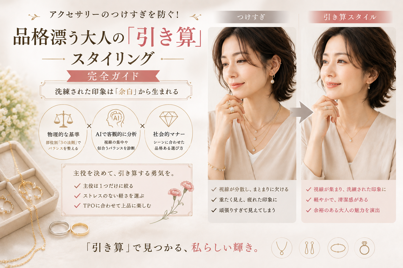 アクセサリーのつけすぎを防ぐ！品格漂う大人の「引き算」スタイリングの法則