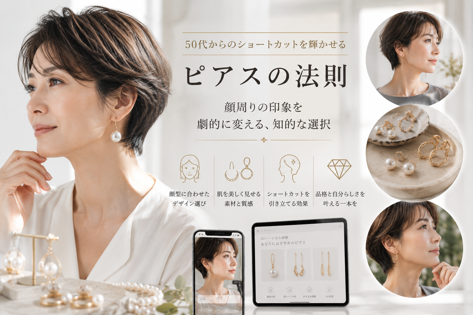 50代からのショートカットを輝かせるピアスの法則：顔周りの印象を劇的に変える知的な選択