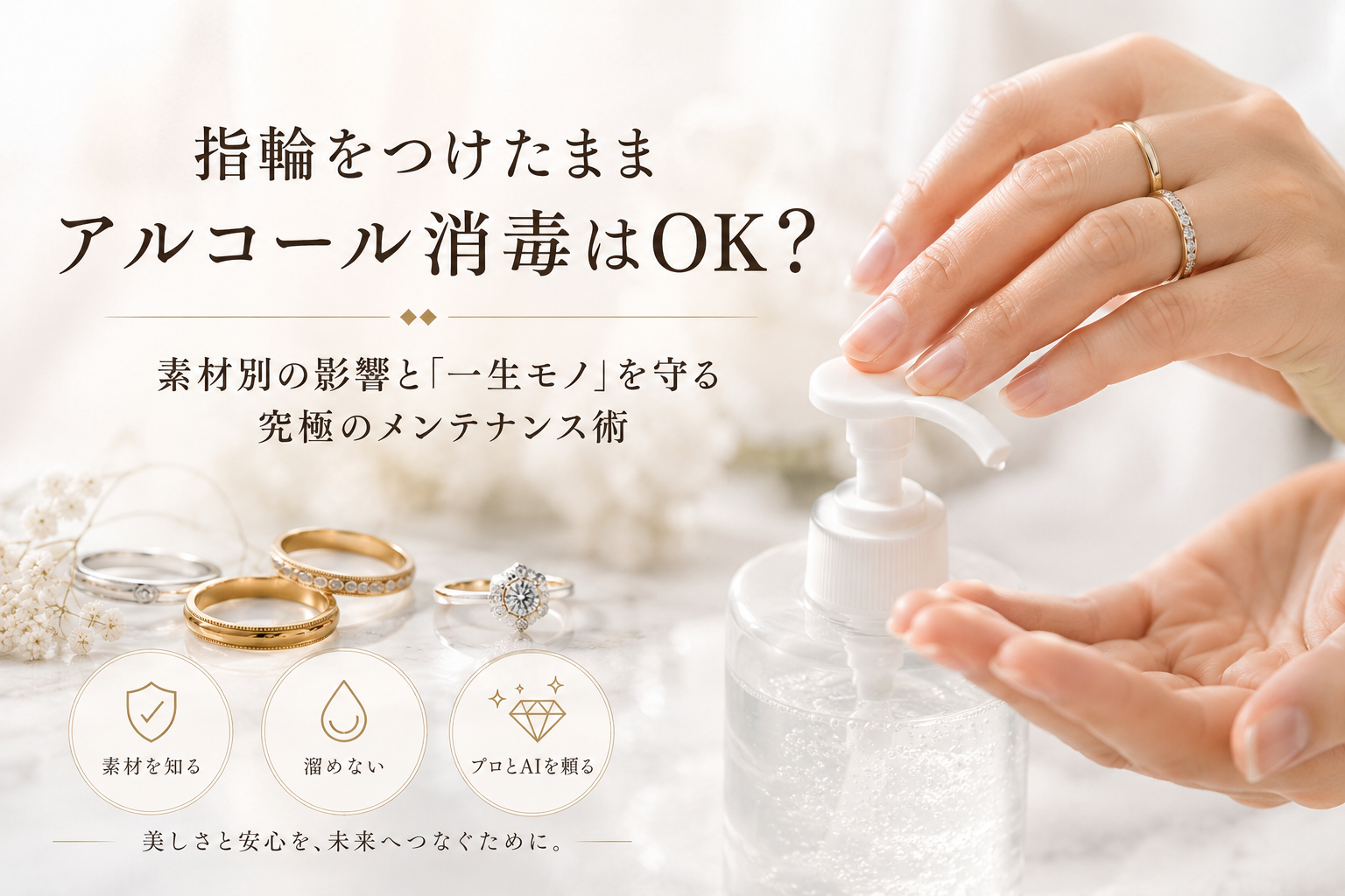 指輪をつけたままアルコール消毒はOK?素材別の影響と「一生モノ」を守る究極のメンテナンス術