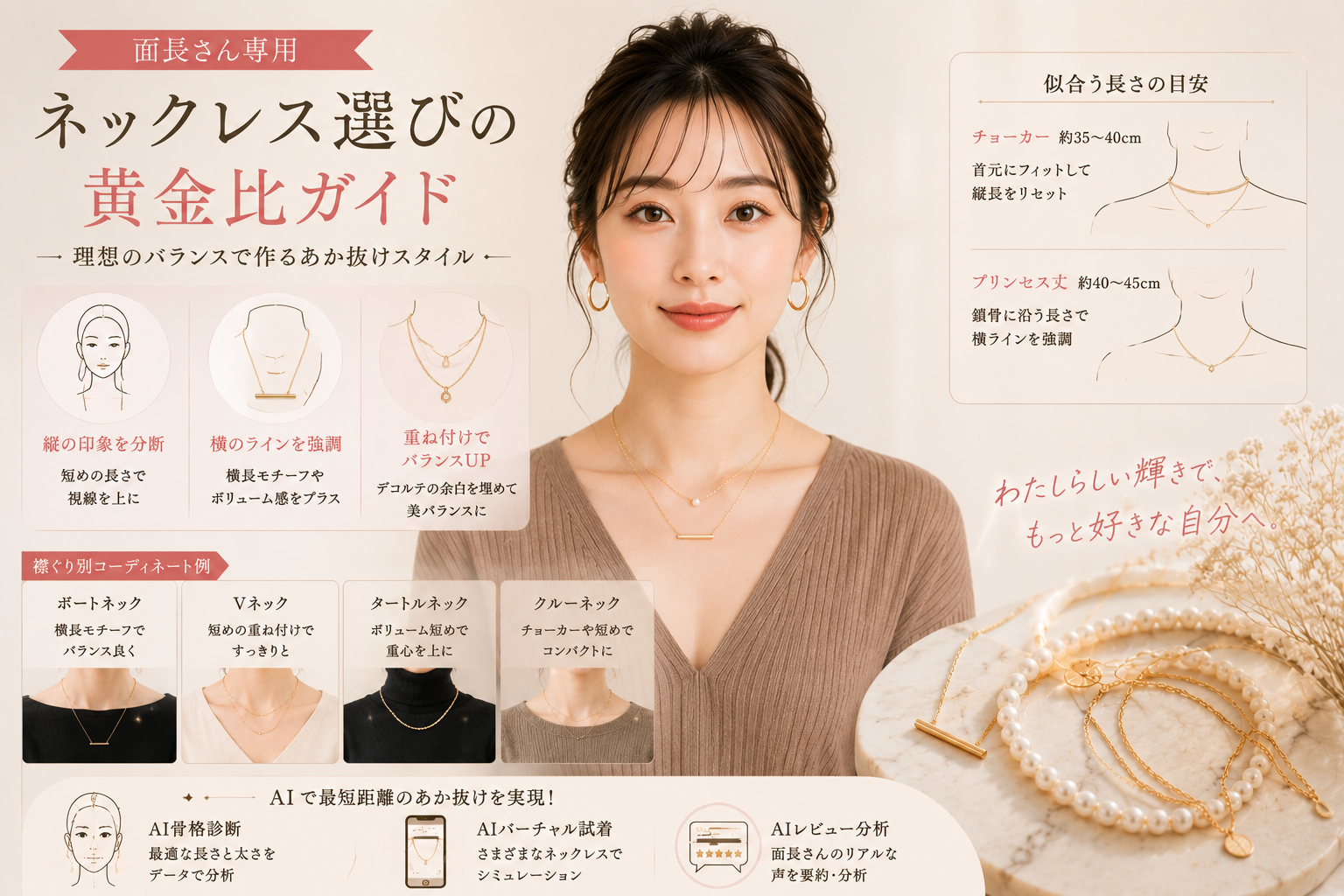 【面長さん専用】ネックレス選びの黄金比ガイド｜理想のバランスで作るあか抜けスタイル