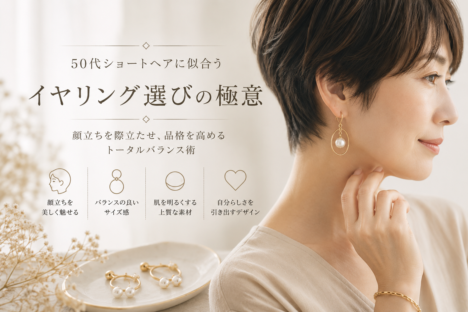 50代ショートヘアに似合うイヤリング選びの極意：顔立ちを際立たせ、品格を高めるトータルバランス術