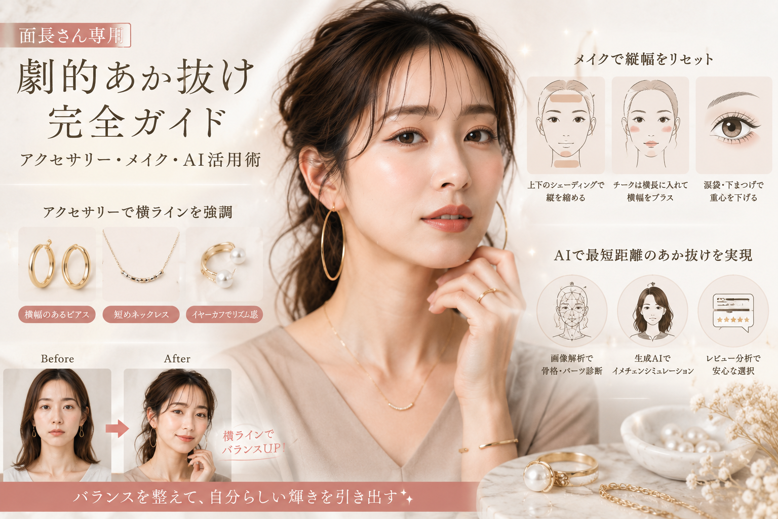 面長さん専用・劇的あか抜けメソッド｜理想の黄金比を叶えるアクセサリー・メイク・AI診断術