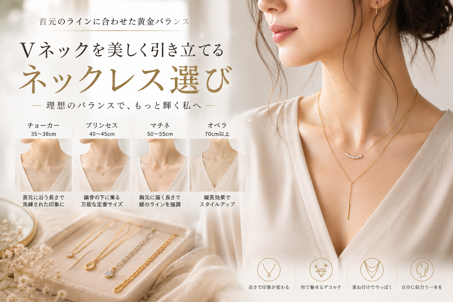 Vネックを美しく引き立てるネックレス選びの決定版：首元のラインに合わせた黄金バランスと最新の装