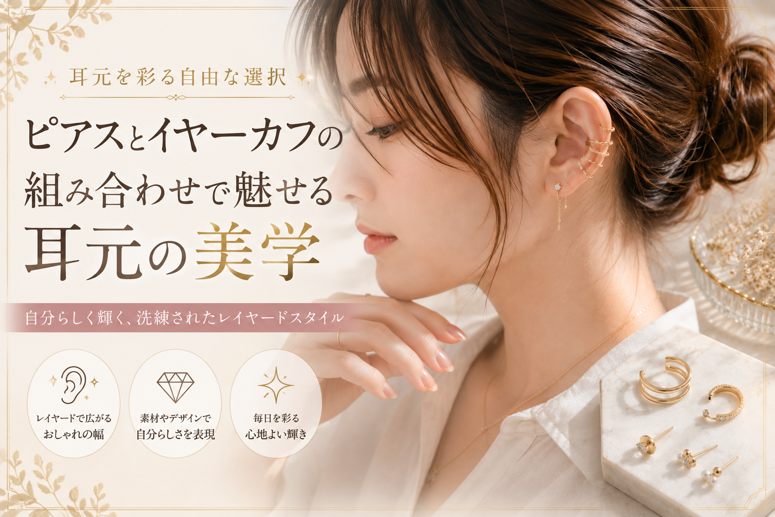 耳元を彩る自由な選択：ピアスとイヤーカフの組み合わせで魅せる耳元の美学