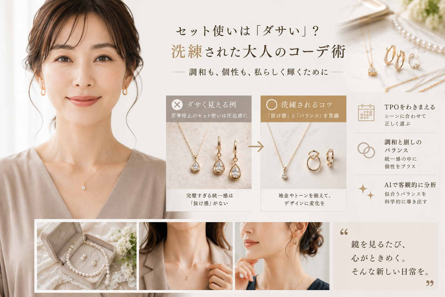 ネックレスとピアスのセット使いは「ダサい」のか？洗練された大人のためのジュエリー・コーディネート術