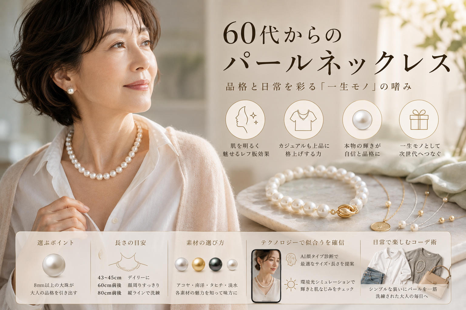 60代からのパールネックレス普段使いの新常識:品格と日常を彩る「一生モノ」の嗜み