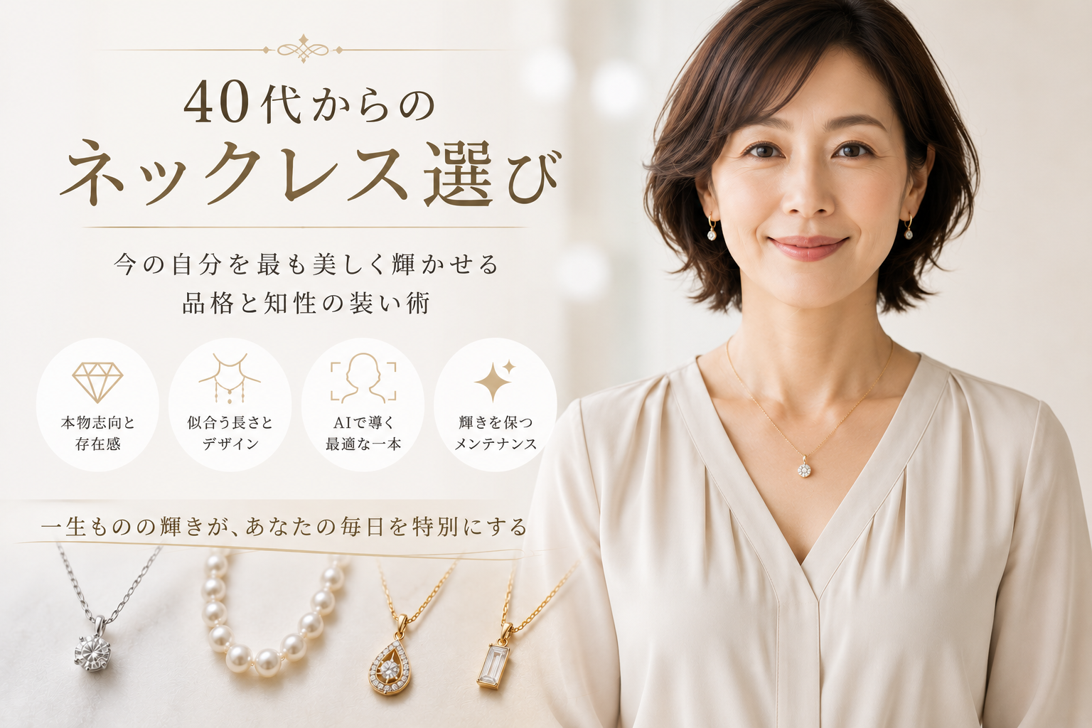 40代からのネックレス選び：今の自分を最も美しく輝かせるための品格と知性の装い術