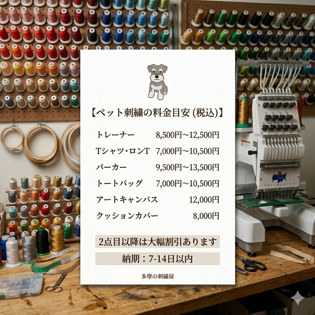 ペット刺繍の料金表
