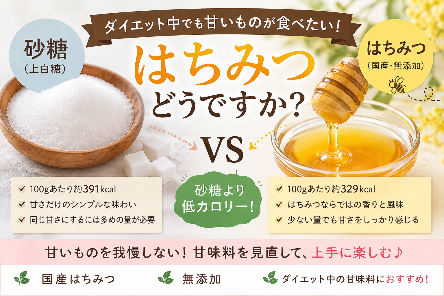 ダイエット中に甘いものを食べたい。砂糖と比べてはちみつはどうですか?