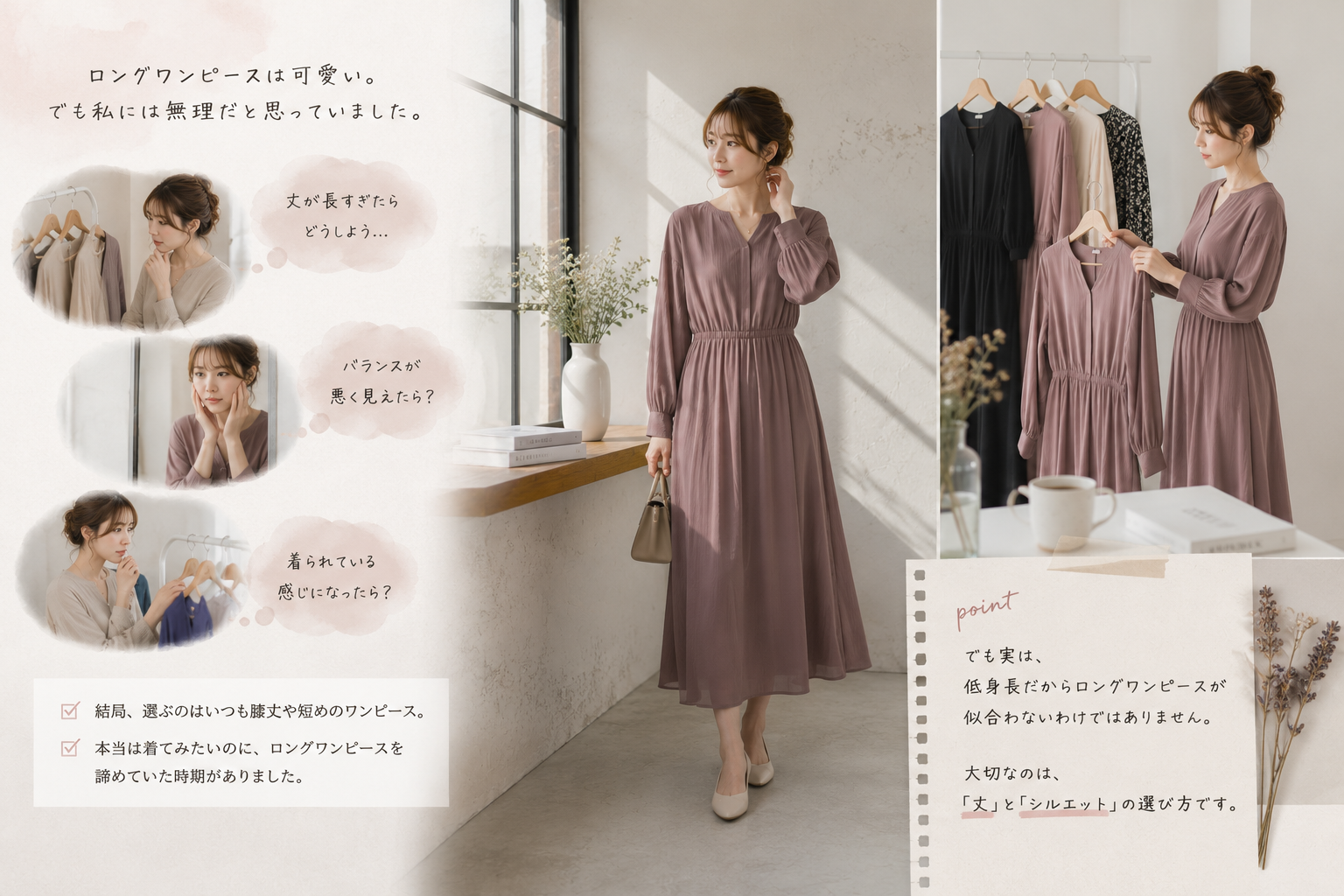 【150cmでもロングワンピースは着られる?】低身長が失敗しない丈選びと大人かわいい着こなし