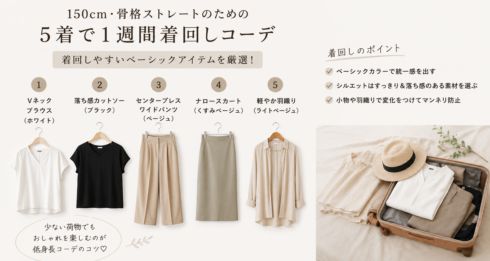 150cm・骨格ストレートの夏旅行コーデ|5着で1週間着回せる大人かわいい組み合わせ