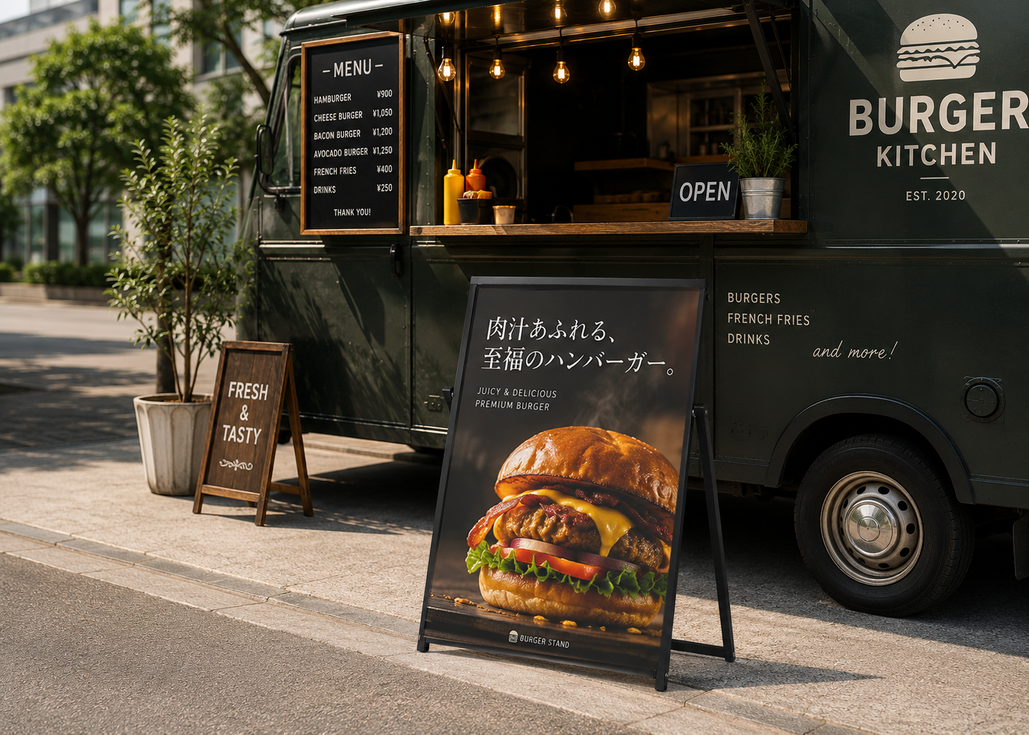 すき間に収まる！組立不要の屋外スタンド「コンパクトサイン」が店舗やキッチンカーに最適な理由