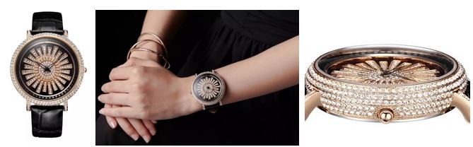 文字盤がぐるぐる回転、スワロフスキーが美しく輝き見る人を魅了する不思議な腕時計「Davena」