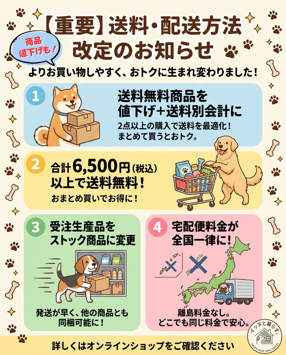 送料・配送方法の変更についてと、送料無料商品の値下げのお知らせ