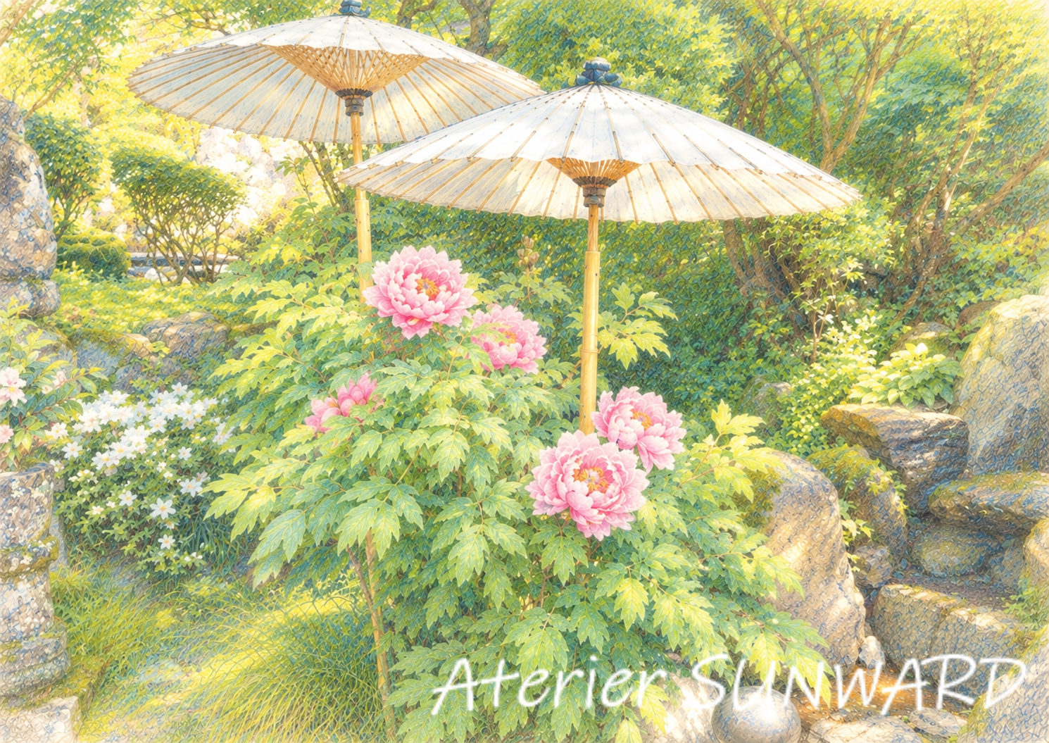 【新作】和傘と牡丹の花
