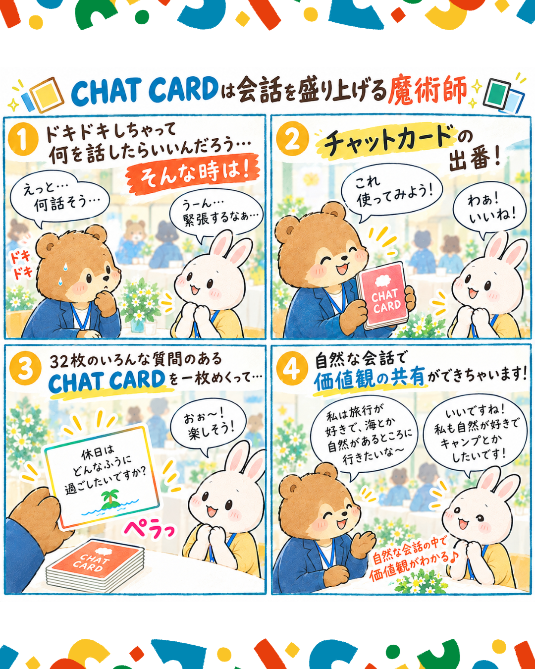 CHAT CARDの使い方イメージ(4コマ漫画)