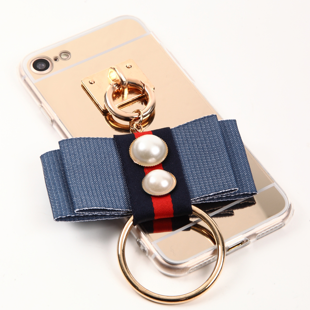 デニム風リボンとリングのチャーム付 iPhoneケース♪
