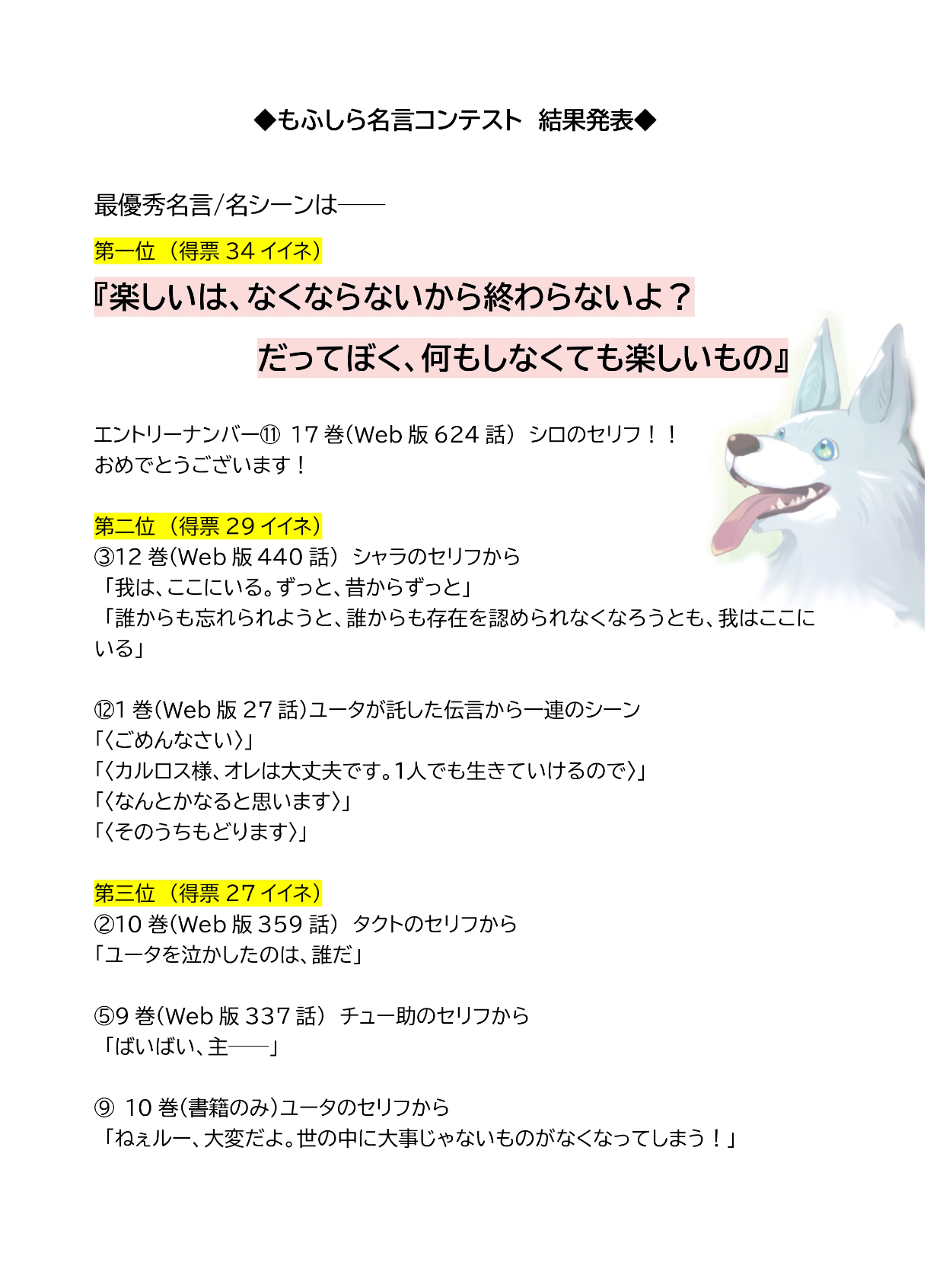 ◆◇もふしら名言コンテスト　結果発表◇◆　と、ひつじのはねコメント