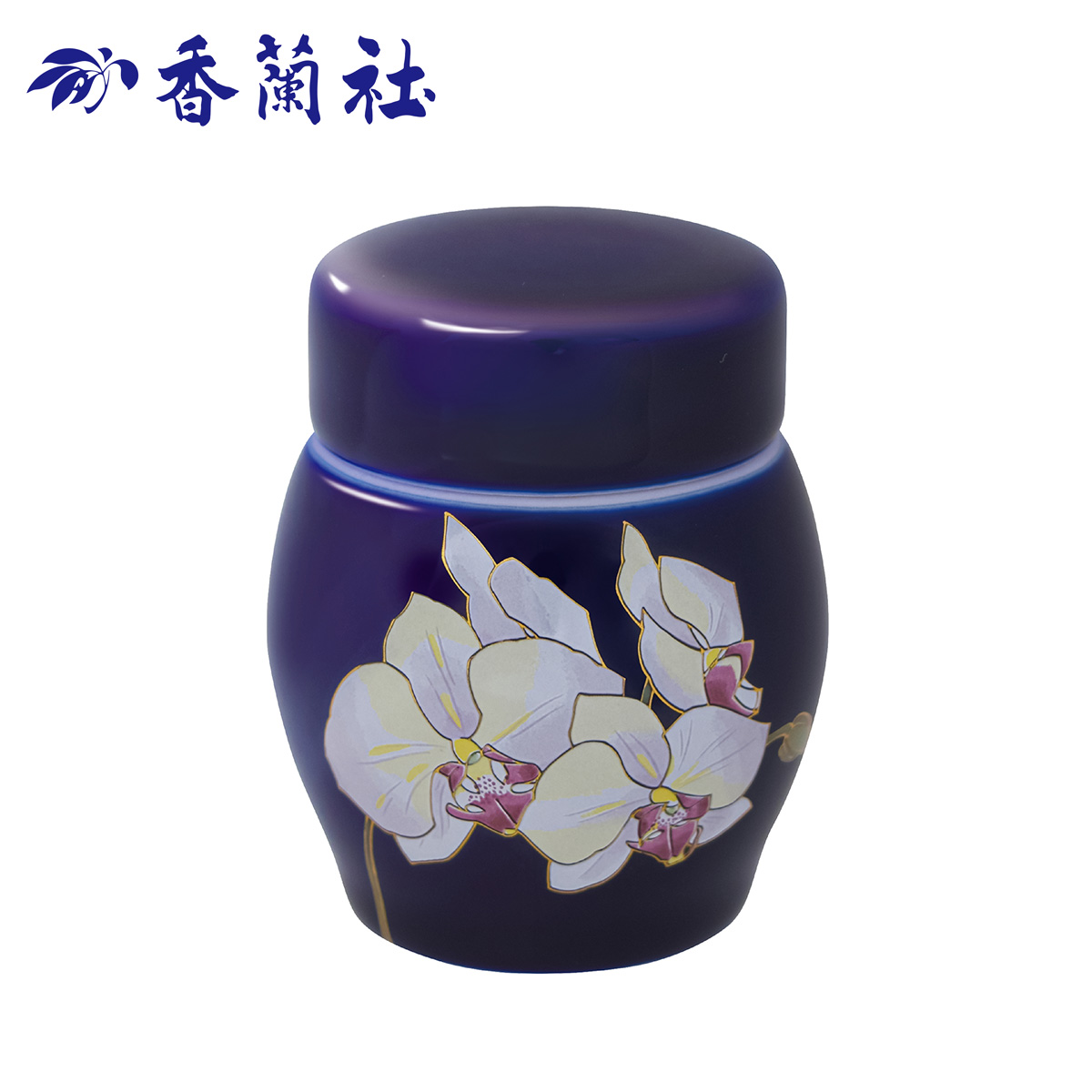 胡蝶蘭とロイヤルブルーの組み合わせが美しいミニ骨壷　香蘭社の「ルリ胡蝶蘭」です