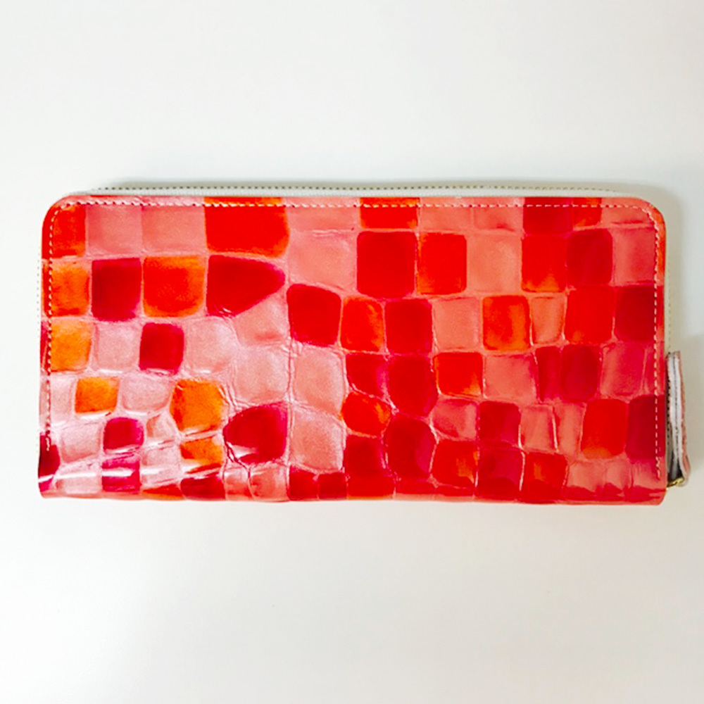 〈日本製〉栃木レザー ステンドグラス調 スリムレザーウォレット【ピンク】