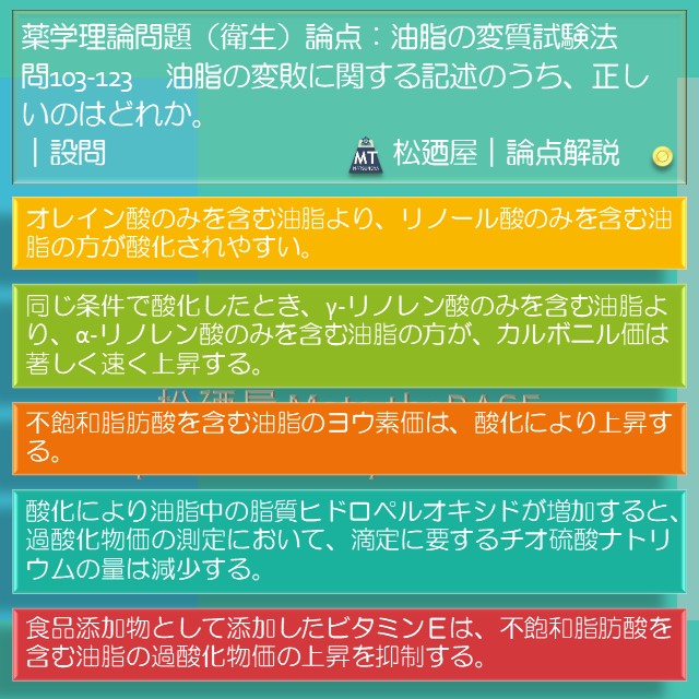 松廼屋｜論点解説　薬剤師国家試験対策ノート問103-123【衛生】論点：油脂の変質試験法4