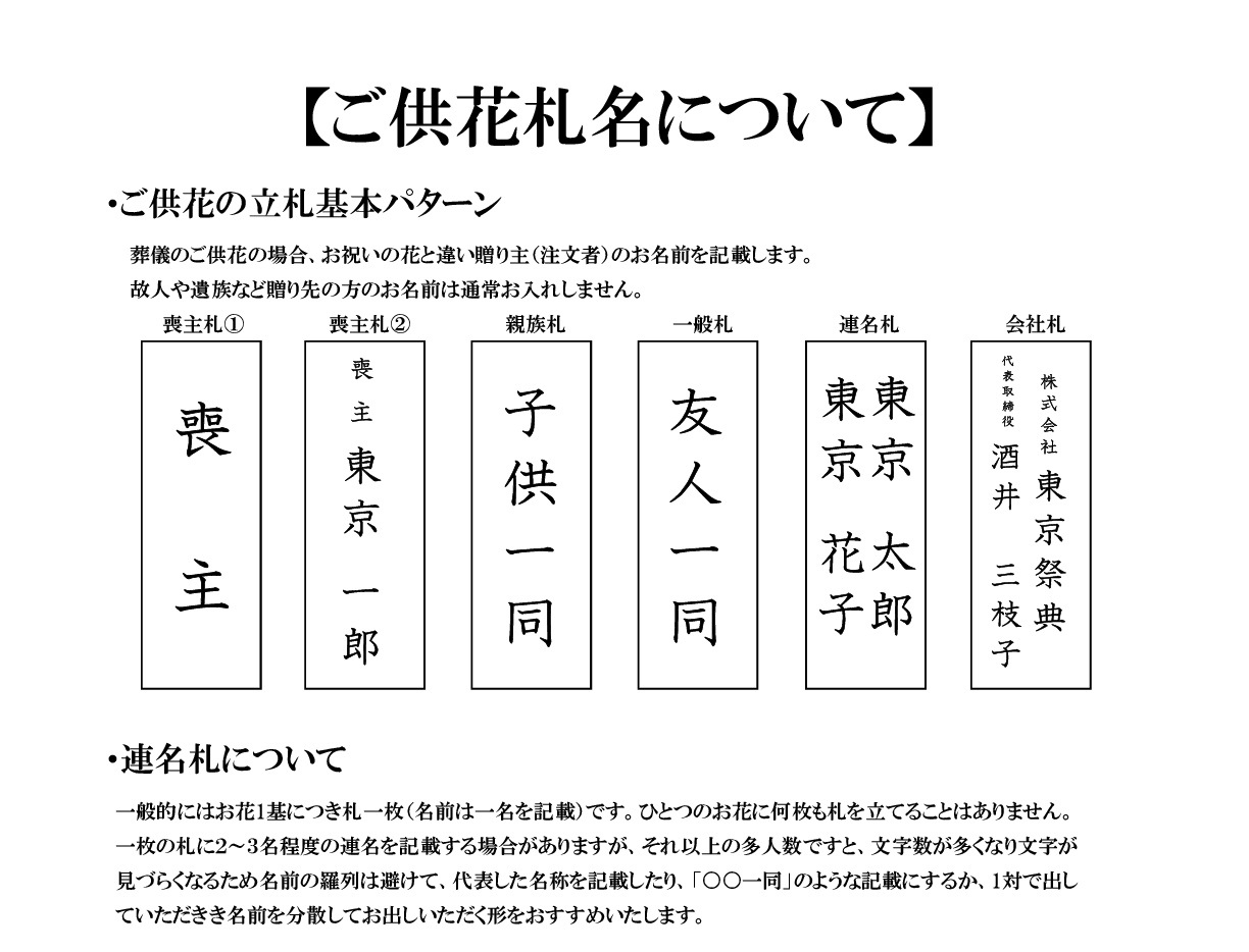 ご供花札名について 東京祭典 供花注文ページ