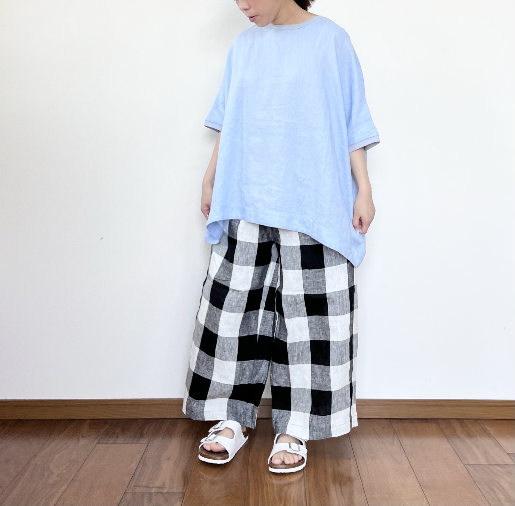 ・・bluewillow リネンチェックワイドパンツ・・