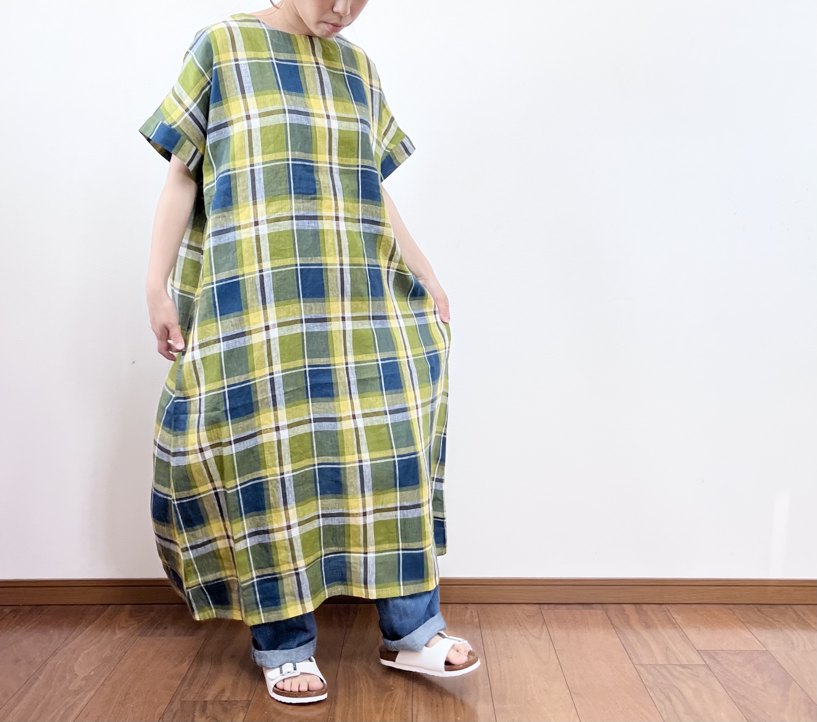 ‥bluewillowリネン平織りマドラスチェックワンピース‥