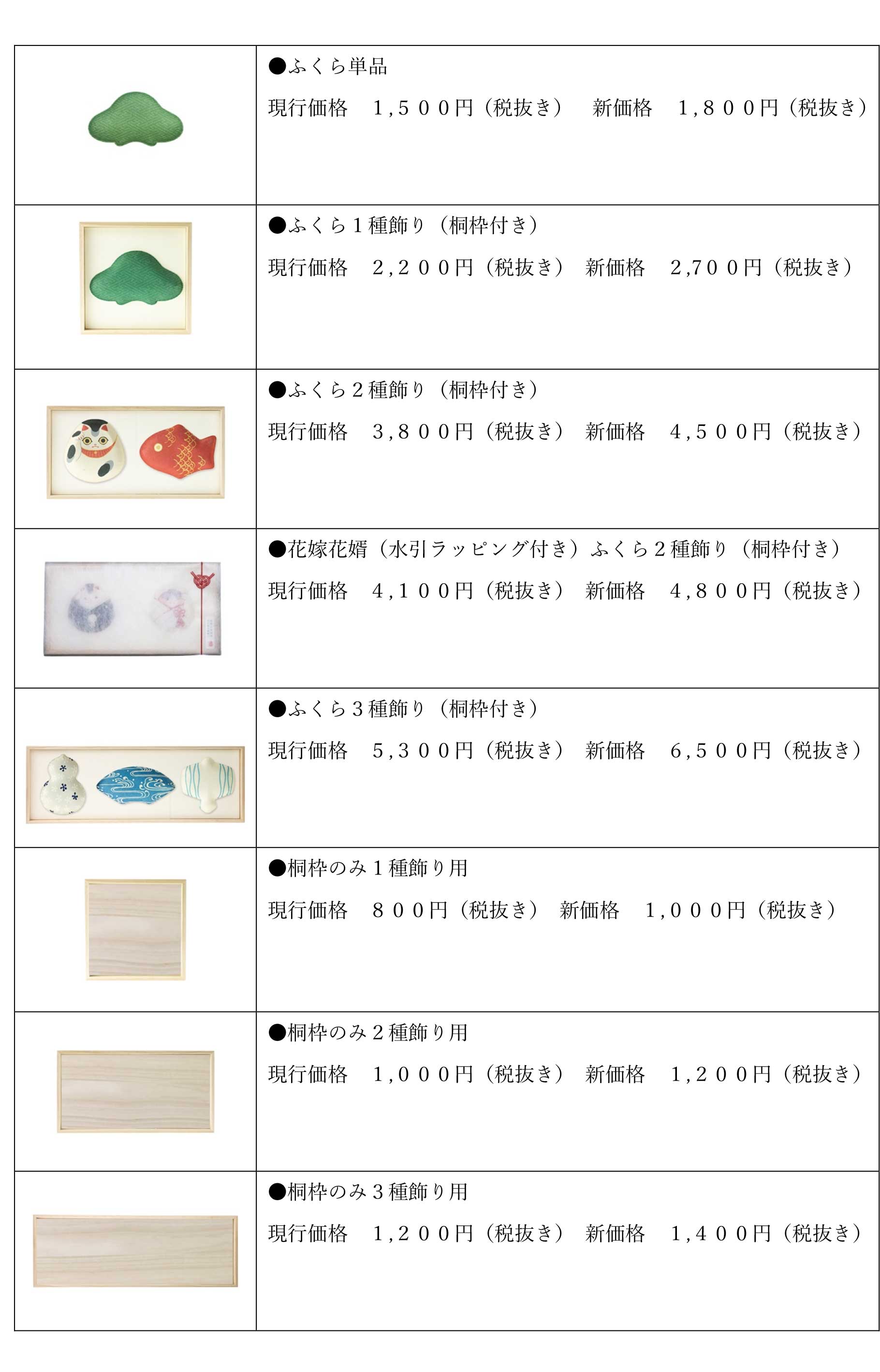 【 重要 】「ふくら」価格改定のお知らせ