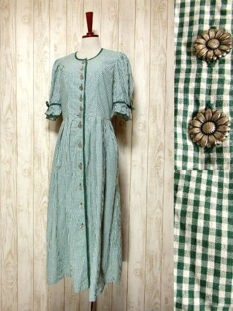 チロルワンピース ディアンドル ヨーロッパ古着 緑 グリーン チェック柄 ドイツ民族衣装
