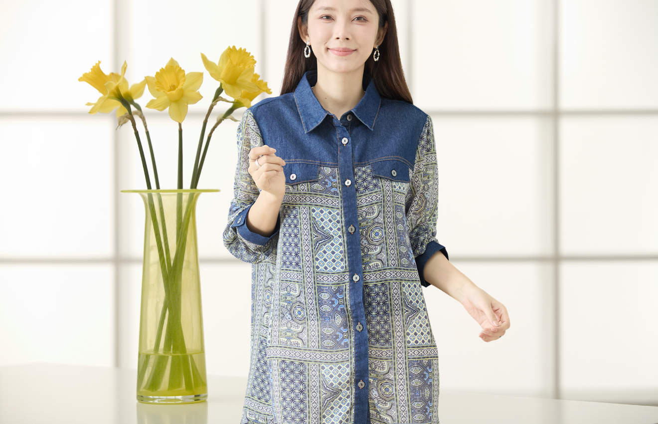 TRUBE エスニックパッチワーク総柄デニム襟ヨーク切替ロングシャツ【M~L】グリーン