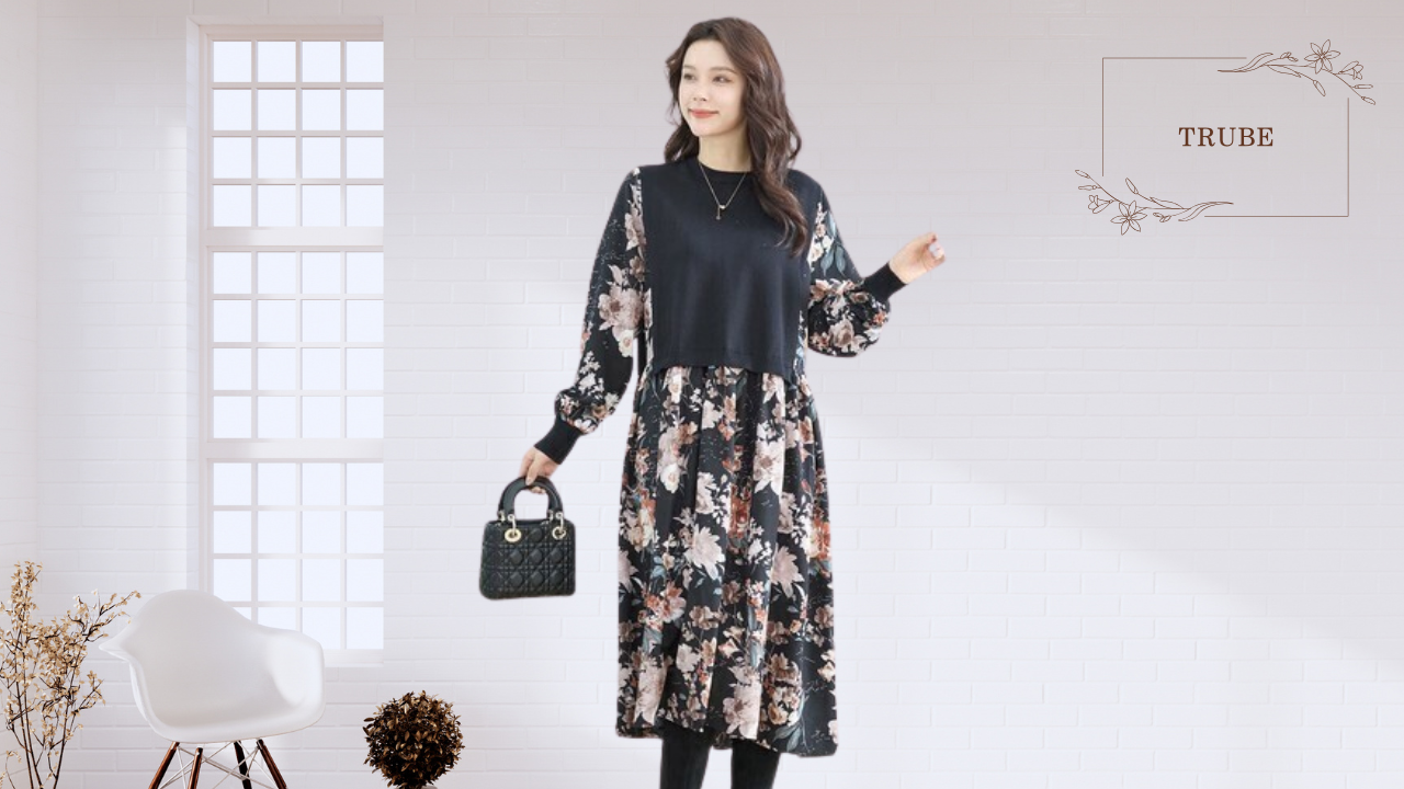 TRUBE【2025新作】【L〜LL】異素材ドッキング花柄ワンピース