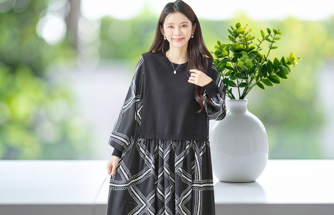 ニットドッキング幾何学模様ワンピース(L~LL)