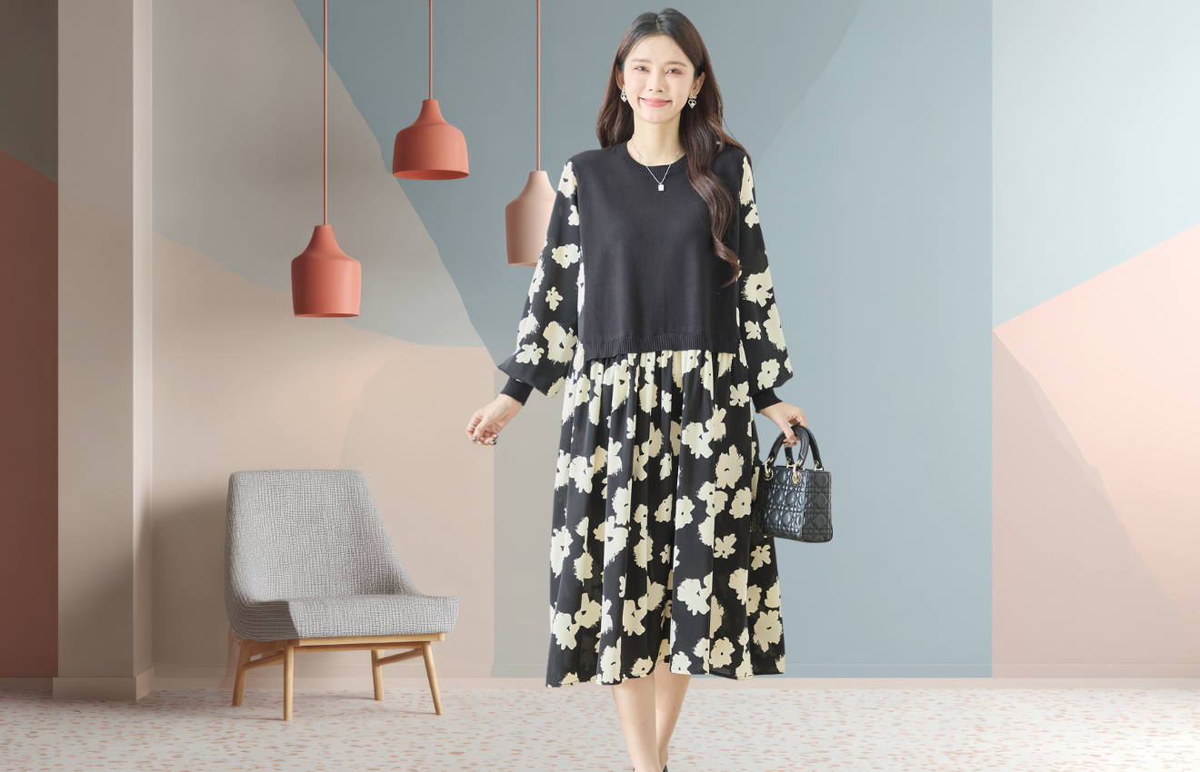 ニットドッキングフラワープリントワンピース(M~L)