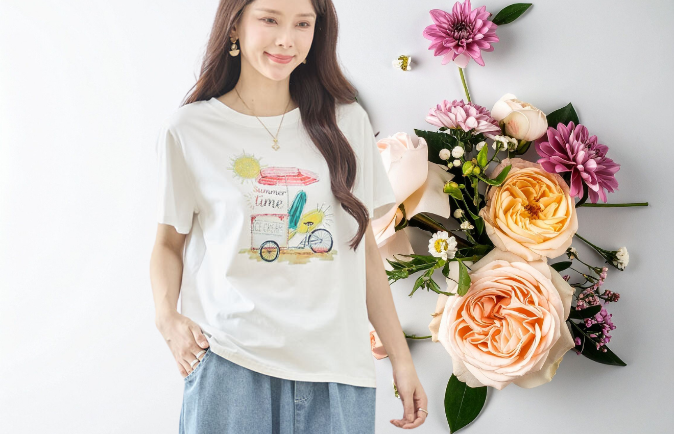 TRUBE サマータイムイラストプリント半袖Tシャツ【M~L】ホワイト