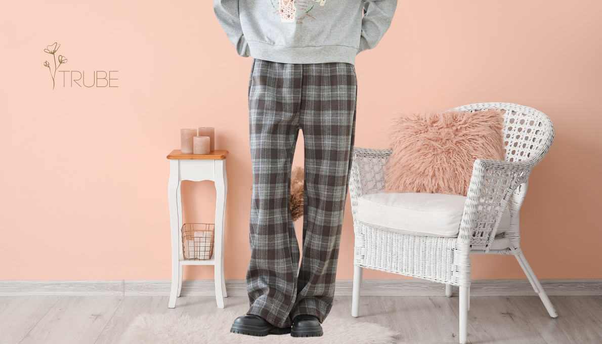 パンツ ウエストドロストデザイン 裏起毛チェック柄パンツ ブラウン 【M~L】