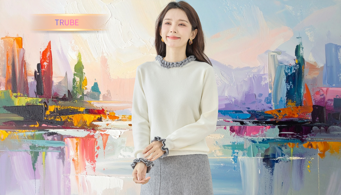 セーター ネック袖口配色リブメロウフリル ニットトップス 【M~L】アイボリー 秋冬春