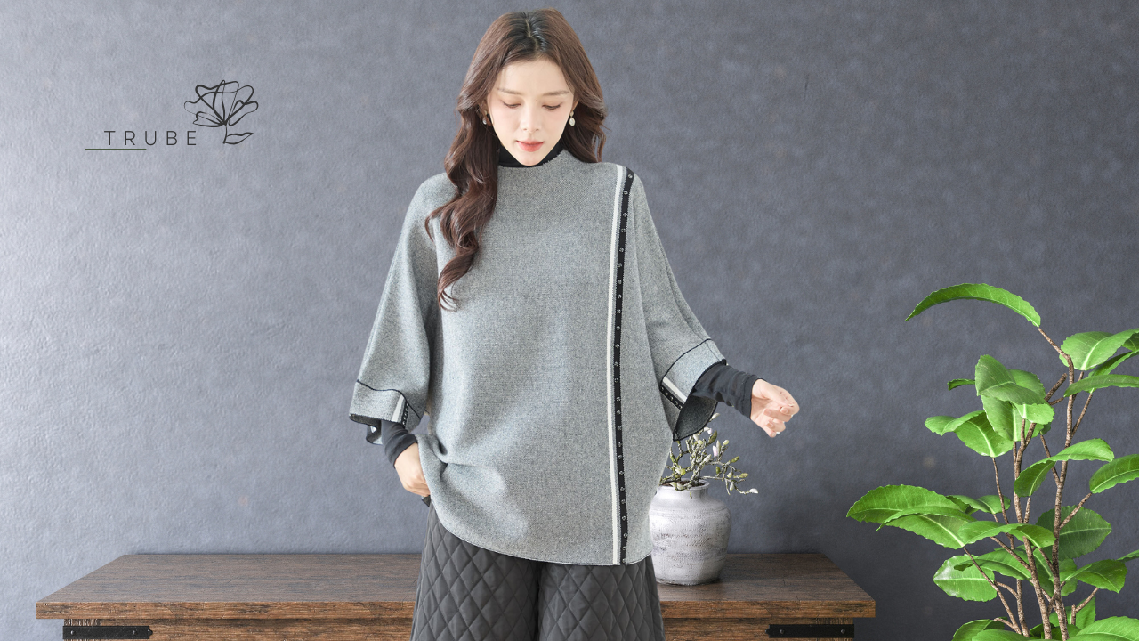 tシャツカットソー ビジュー付きラインデザイン カットソー プルオーバー グレー 【L~LL】202