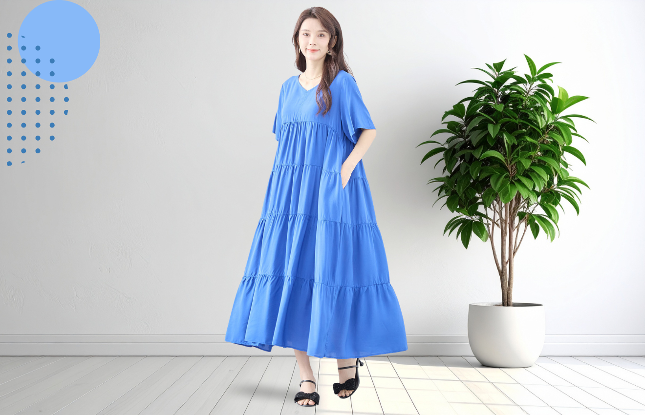 TRUBE Vネックマキシ丈ティアードワンピース【M~L】ロイヤルブルー